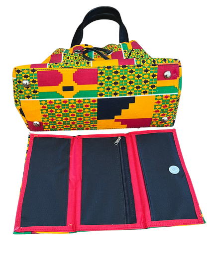 African Kente Print Bucket Shoulder Bag & Matching Wallet – Handmade Ankara Set