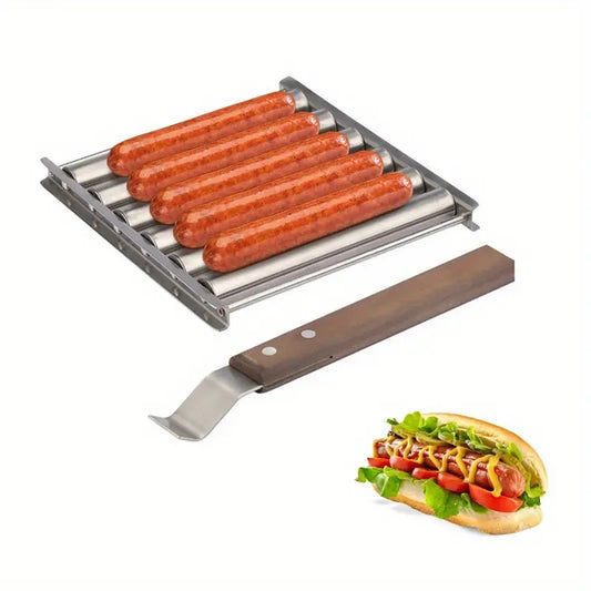 Stainless Steel Hot Dog Roller with Extra-Long Wooden Handle – Cooks 5 Hot Dogs or Sausages Evenly, Durable Rustproof BBQ Grill Accessory for Tailgating, Camping, and Backyard Parties