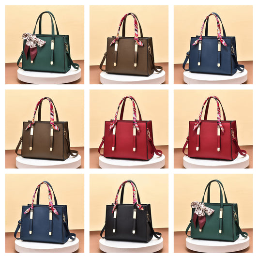 Premium Large-Capacity Multi-Pocket Leather Handbag with Silk Scarf Detail - Professional Tote Bag for Women