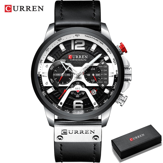 Leather Military Chronograph Wristwatch