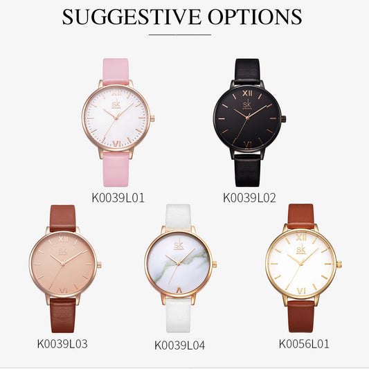 Minimalist Shengke Women's Watch with Marble Dial and Leather Band, Elegant and Waterproof