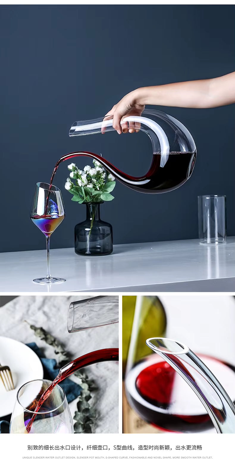 Hand-Blown Crystal Wine Decanter 1.5L - Lead-Free U-Shaped Glass Aerator for Wine & Whiskey, Premium Bar Accessories for Home Entertainment