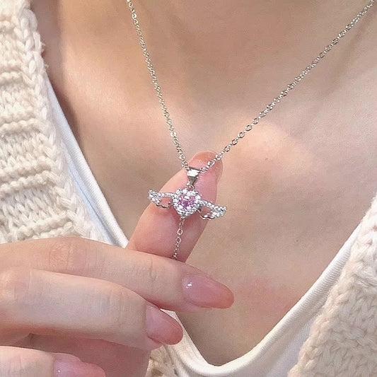 Romantic Angel Wings Necklace:   Pink Heart-Shaped Cubic Zirconia Pendant - Valentine's Day Gift for Women