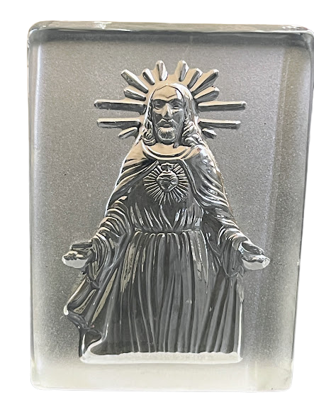 Vintage Sacred Heart of Jesus Glass Art Paperweight | Etched Clear Crystal Figurine | Religious Icon Home Décor
