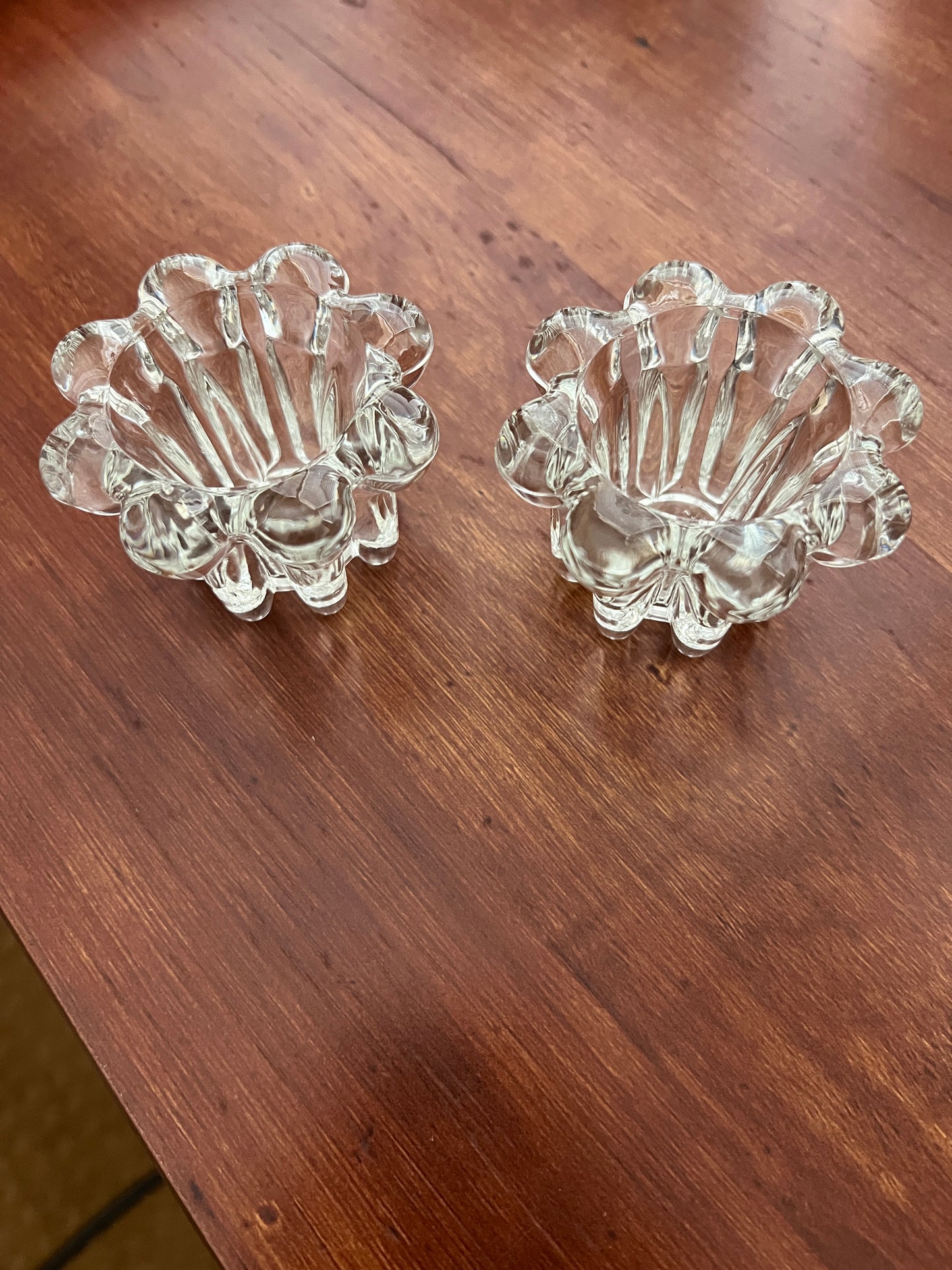 Set of 2 Vintage KIG Indonesia Pressed Glass Taper Candle Holders - Clear Ribbed Flower Design
