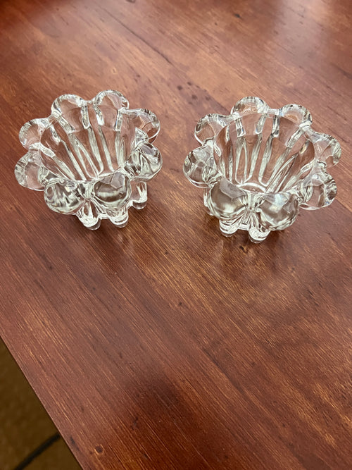 Set of 2 Vintage KIG Indonesia Pressed Glass Taper Candle Holders - Clear Ribbed Flower Design
