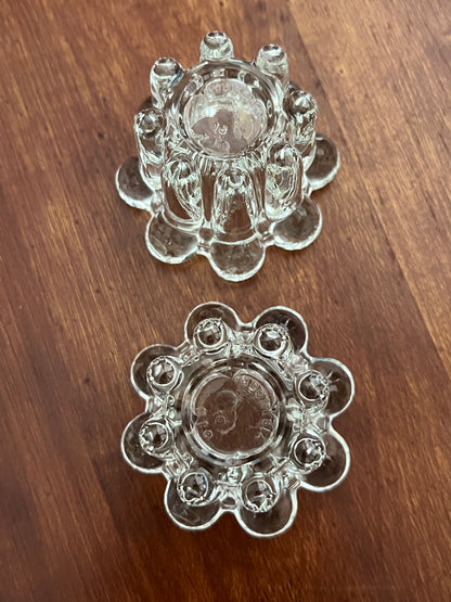 Set of 2 Vintage KIG Indonesia Pressed Glass Taper Candle Holders - Clear Ribbed Flower Design