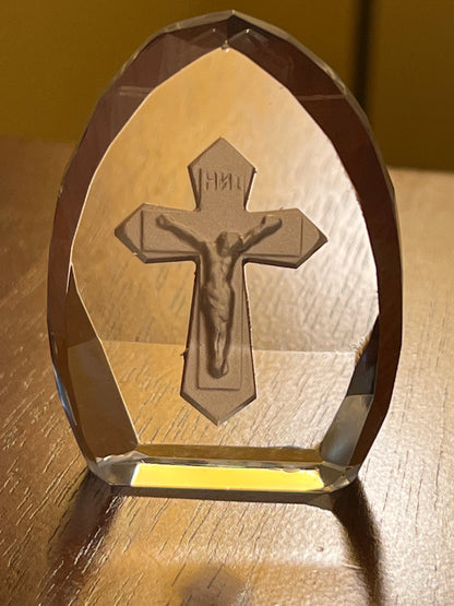 Vintage 3D Laser-Etched Crystal Crucifix Paperweight | Jesus on the Cross Art Glass