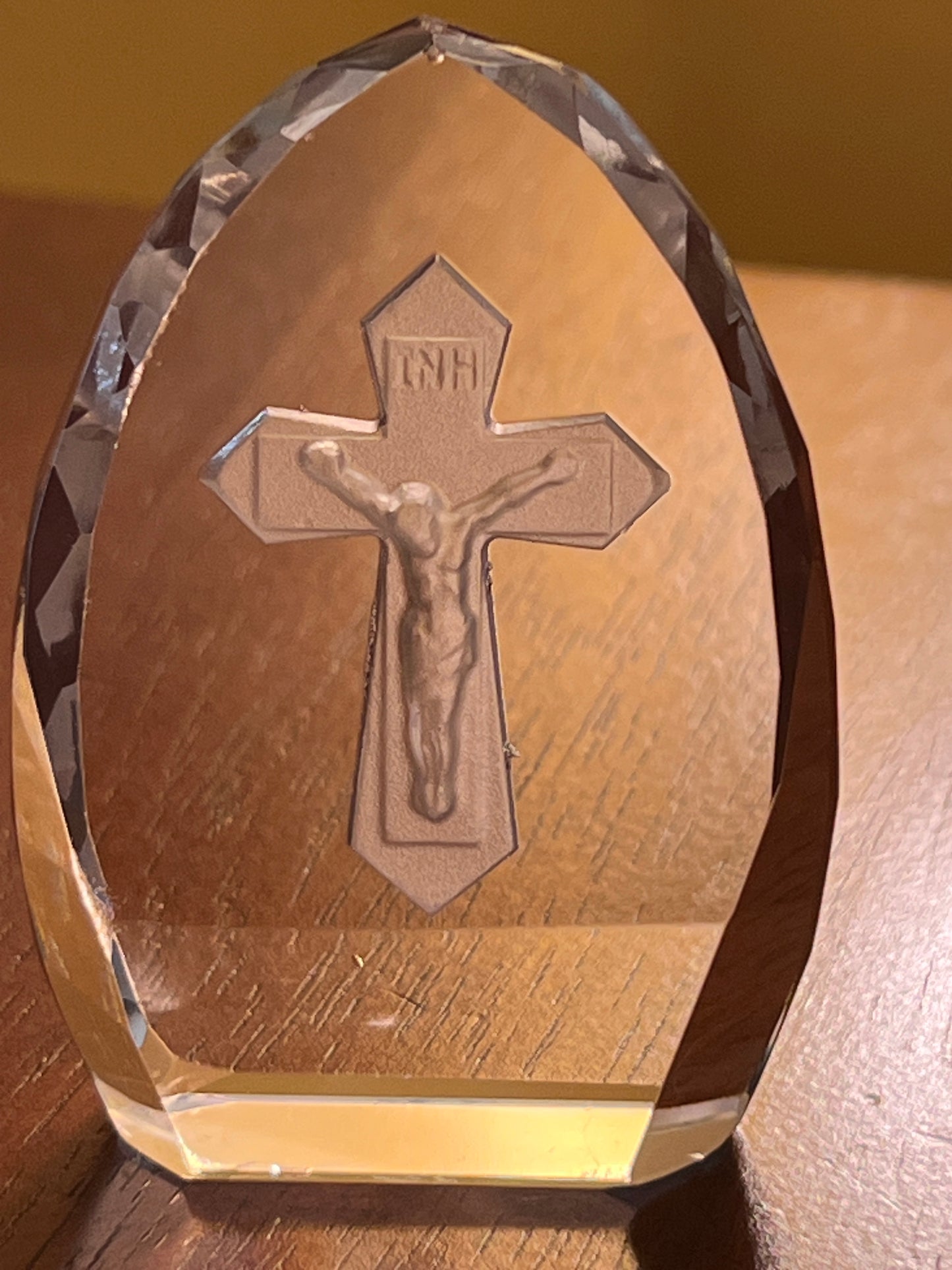 Vintage 3D Laser-Etched Crystal Crucifix Paperweight | Jesus on the Cross Art Glass