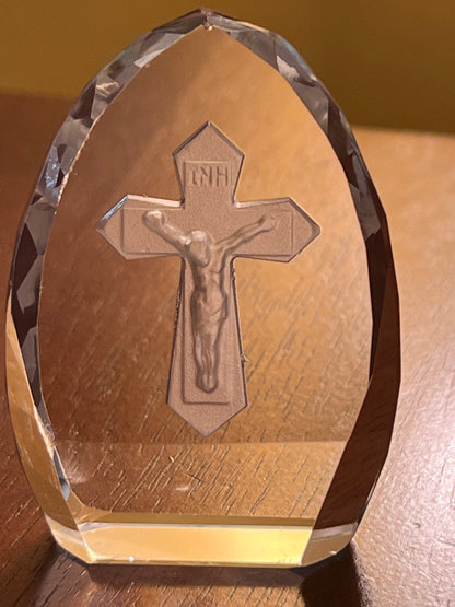 Vintage 3D Laser-Etched Crystal Crucifix Paperweight | Jesus on the Cross Art Glass