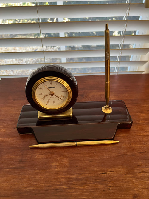 Elegant Executive: Vintage Timedesign Mahogany & Brass Desk Clock and Pen Set