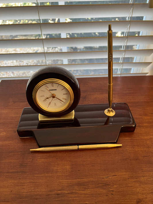 Elegant Executive: Vintage Timedesign Mahogany & Brass Desk Clock and Pen Set