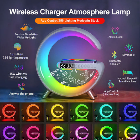 Bluetooth Wireless Charger Atmosphere Lamp, Mini LED Table Lamp, Bluetooth Speaker, Dimmable Night Light Bedside Lamp Alarm Clock with Music