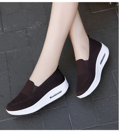 Women’s Walking Shoes - Mesh Air Cushion Slip-On Platform Wedge Rocker Shoes, Brown, Size 9.5