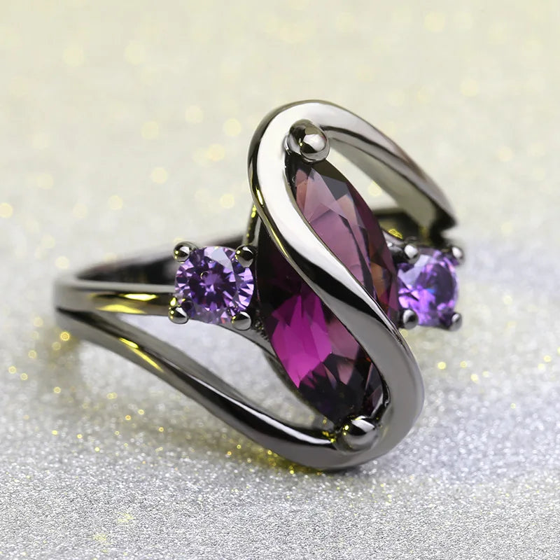 Marquise and Amethyst Engagement Ring - Purple Crystal Bypass Design