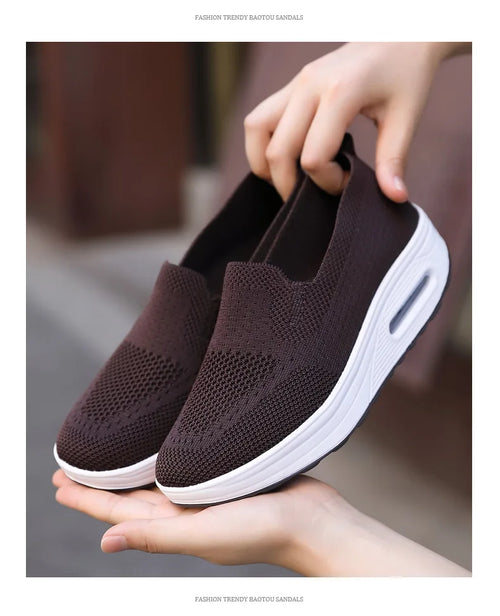 Women’s Walking Shoes - Mesh Air Cushion Slip-On Platform Wedge Rocker Shoes, Brown, Size 9.5