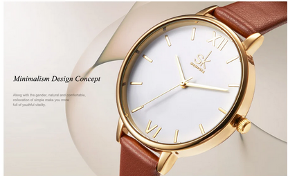 Minimalist Shengke Women's Watch with Marble Dial and Leather Band, Elegant and Waterproof