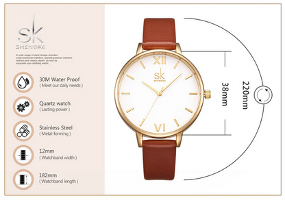 Minimalist Shengke Women's Watch with Marble Dial and Leather Band, Elegant and Waterproof