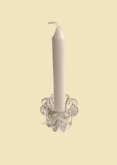 Set of 2 Vintage KIG Indonesia Pressed Glass Taper Candle Holders - Clear Ribbed Flower Design