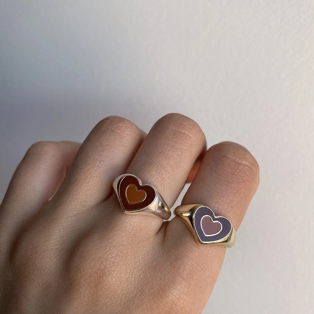 Vintage Heart Ring:  Alloy, Electroplated Finish - Orange/Green/Brown Gold & Silver - Sizes 6, 7, 8