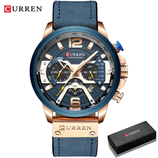 Leather Military Chronograph Wristwatch