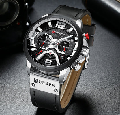 Leather Military Chronograph Wristwatch
