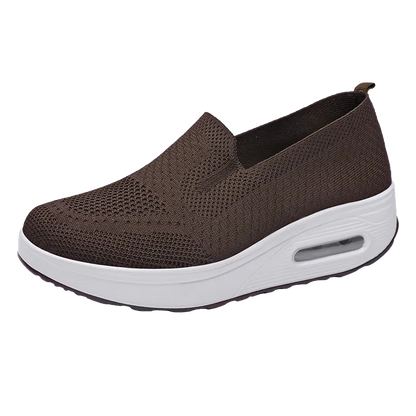 Women’s Walking Shoes - Mesh Air Cushion Slip-On Platform Wedge Rocker Shoes, Brown, Size 9.5