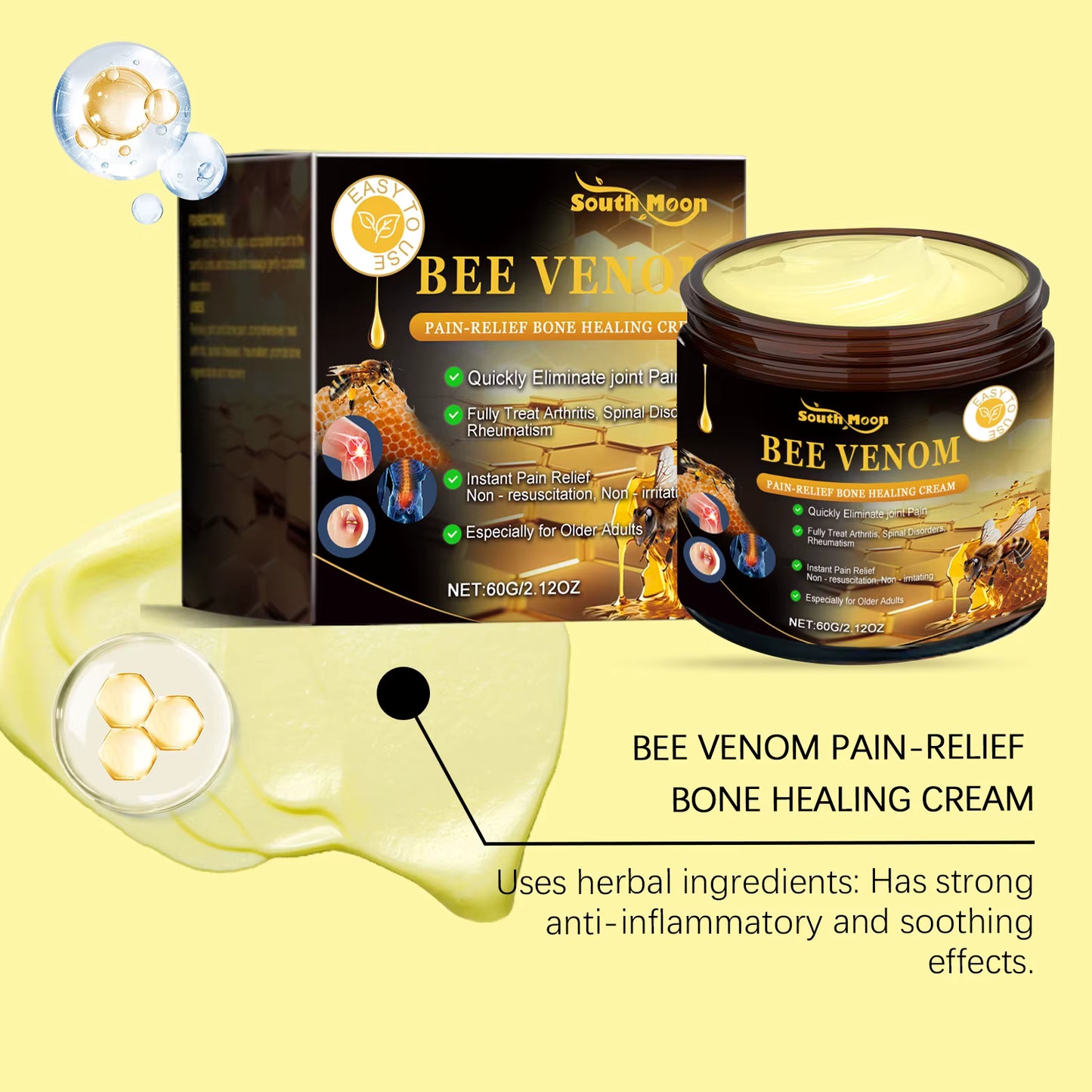 Bee Venom Joint Relief Cream (2-Pack) - 60g Natural Pain Relief Cream with Honey & Glycerin for Arthritis, Muscle Pain & Joint Stiffness