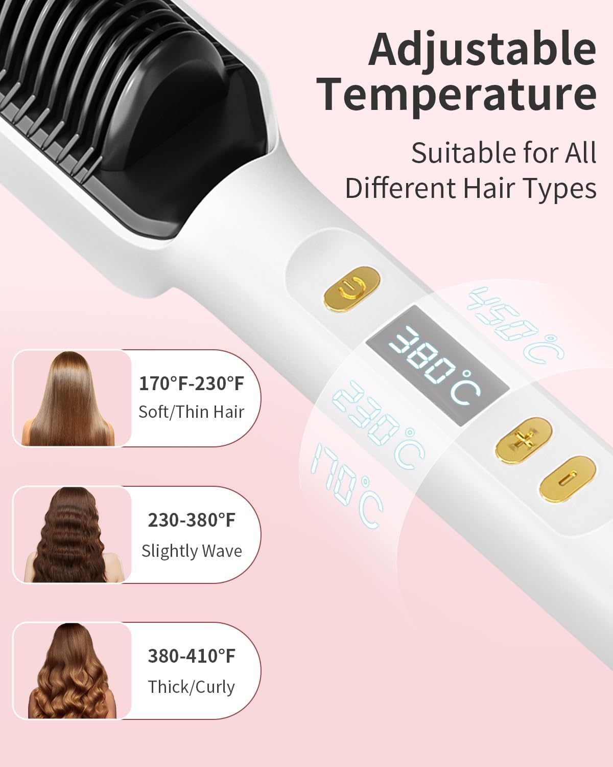3-in-1 Ceramic Fast-Heating Hair Straightener Comb with Negative Ions - Anti-Scald, 5-Temp Settings & LCD Display for All Hair & Beard Types, White