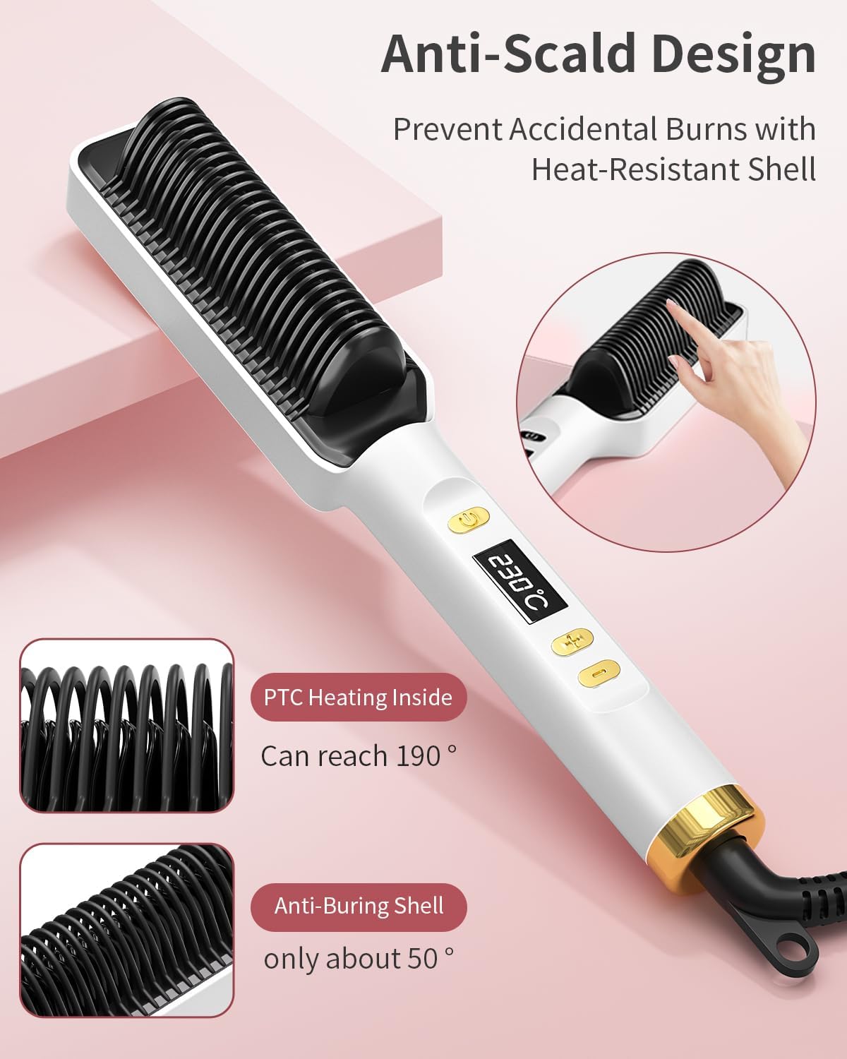 3-in-1 Ceramic Fast-Heating Hair Straightener Comb with Negative Ions - Anti-Scald, 5-Temp Settings & LCD Display for All Hair & Beard Types, White