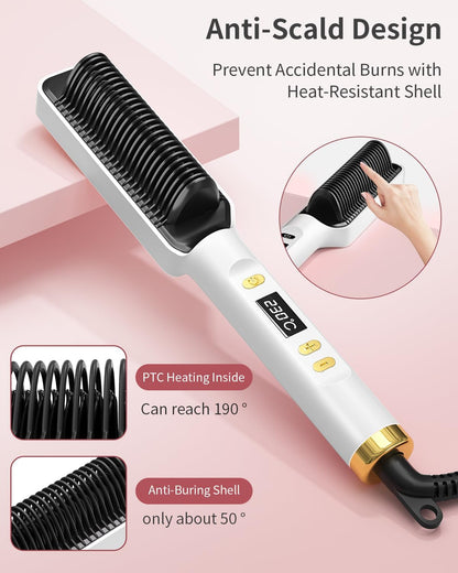 3-in-1 Ceramic Fast-Heating Hair Straightener Comb with Negative Ions - Anti-Scald, 5-Temp Settings & LCD Display for All Hair & Beard Types, White