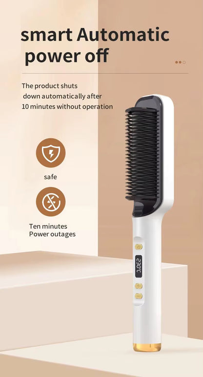 3-in-1 Ceramic Fast-Heating Hair Straightener Comb with Negative Ions - Anti-Scald, 5-Temp Settings & LCD Display for All Hair & Beard Types, White
