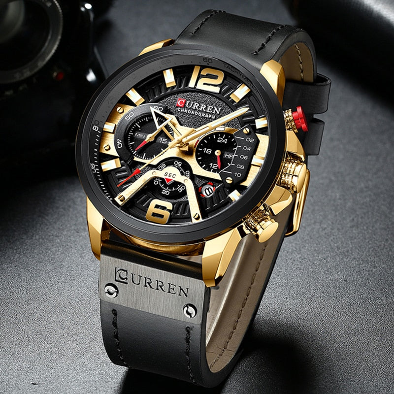 Leather Military Chronograph Wristwatch
