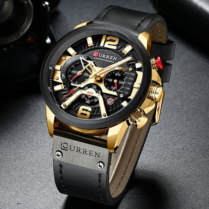 Leather Military Chronograph Wristwatch