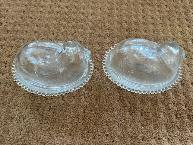 Set of 2 Vintage Indiana Glass Sleeping "Cat on a Nest" Candy Dish, Clear - A Whimsical Collectible for Cat Lovers