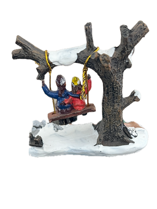 Enchanting Vintage Miniature: Boy & Girl on a Swing in the Snow - Christmas Village Decoration