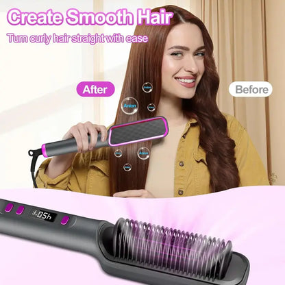 3-in-1 Ceramic Fast-Heating Hair Straightener Comb with Negative Ions - Anti-Scald, 5-Temp Settings & LCD Display for All Hair & Beard Types, White