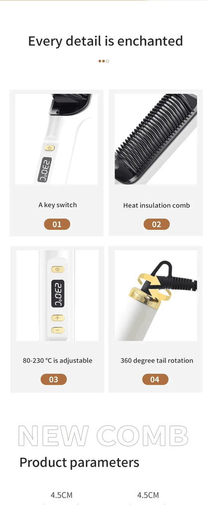 3-in-1 Ceramic Fast-Heating Hair Straightener Comb with Negative Ions - Anti-Scald, 5-Temp Settings & LCD Display for All Hair & Beard Types, White