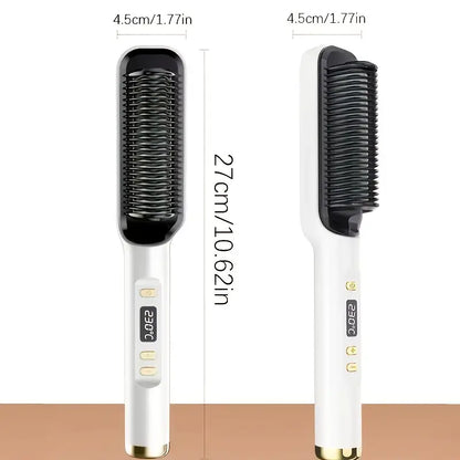 3-in-1 Ceramic Fast-Heating Hair Straightener Comb with Negative Ions - Anti-Scald, 5-Temp Settings & LCD Display for All Hair & Beard Types, White