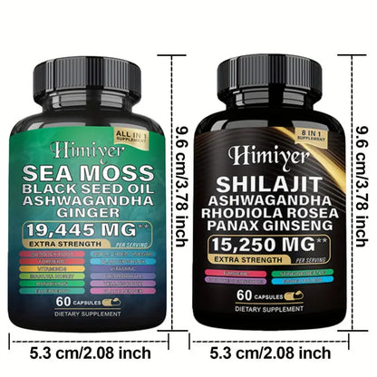 Ultimate Sea Moss & Shilajit Complex, All-in-One Supplement Sea Moss 7000mg, Shilajit 9000mg, Ashwagandha 2000mg, Black Seed Oil 4000mg, Ginkgo Biloba 500mg, Turmeric 2000mg, Rhodiola Rosea 1000mg & More for Energy, Immunity & Wellness, 60 Capsules