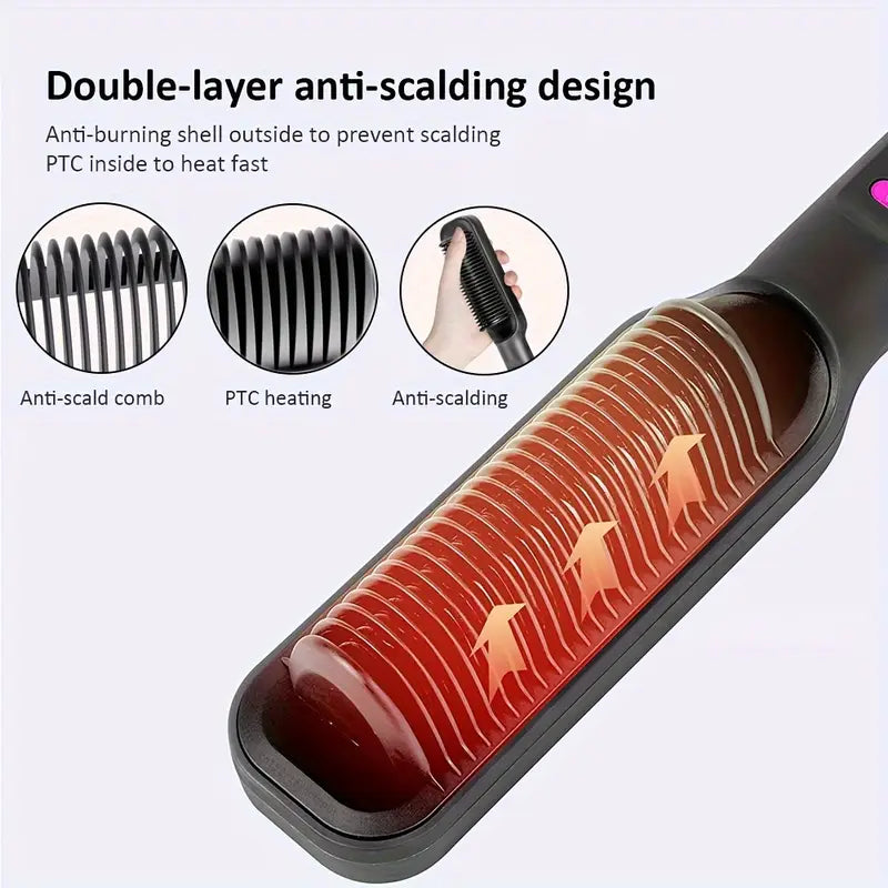 3-in-1 Ceramic Fast-Heating Hair Straightener Comb with Negative Ions - Anti-Scald, 5-Temp Settings & LCD Display for All Hair & Beard Types, White