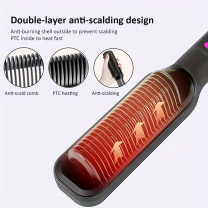 3-in-1 Ceramic Fast-Heating Hair Straightener Comb with Negative Ions - Anti-Scald, 5-Temp Settings & LCD Display for All Hair & Beard Types, White