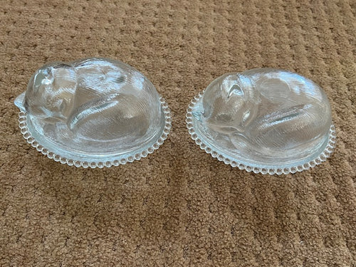 Set of 2 Vintage Indiana Glass Sleeping "Cat on a Nest" Candy Dish, Clear - A Whimsical Collectible for Cat Lovers