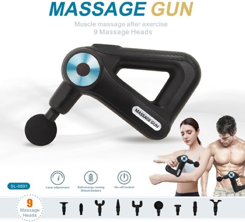 9-Speed Deep Tissue Massage Gun, 9 Heads, LCD Display, Rechargeable, Low Noise, Quiet Handheld Percussion Massager for Muscle Recovery, Pain Relief & Relaxation
