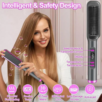 3-in-1 Ceramic Fast-Heating Hair Straightener Comb with Negative Ions - Anti-Scald, 5-Temp Settings & LCD Display for All Hair & Beard Types, White
