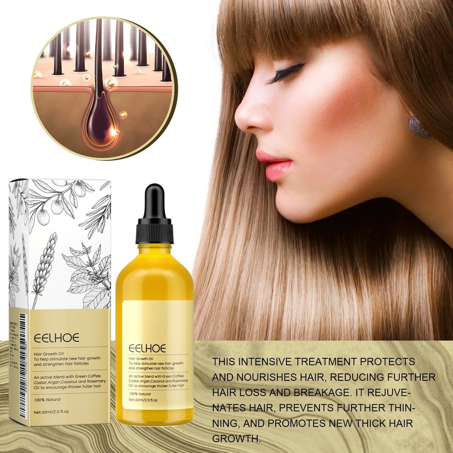 EELHOE Rosemary Hair Growth Oil Serum - 3-Pack Natural Formula for Hair Thinning (60ml Each)
