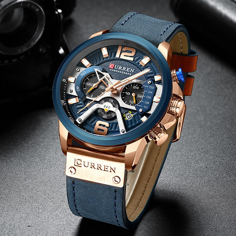 Leather Military Chronograph Wristwatch