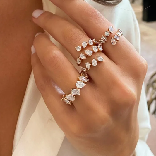 Fashion 3-Layer Geometric Leaf & Drop Zirconia Open Ring - Silver Statement Jewelry