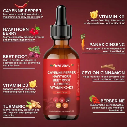 Premium Cayenne Pepper Liquid Drops with Vitamin D3 K2 Complex - Metabolism & Circulation Support Supplement with Turmeric, Ginseng & Hawthorn Berry - Natural Energy Booster for Men & Women - 2 fl oz