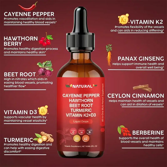 Premium Cayenne Pepper Liquid Drops with Vitamin D3 K2 Complex - Metabolism & Circulation Support Supplement with Turmeric, Ginseng & Hawthorn Berry - Natural Energy Booster for Men & Women - 2 fl oz